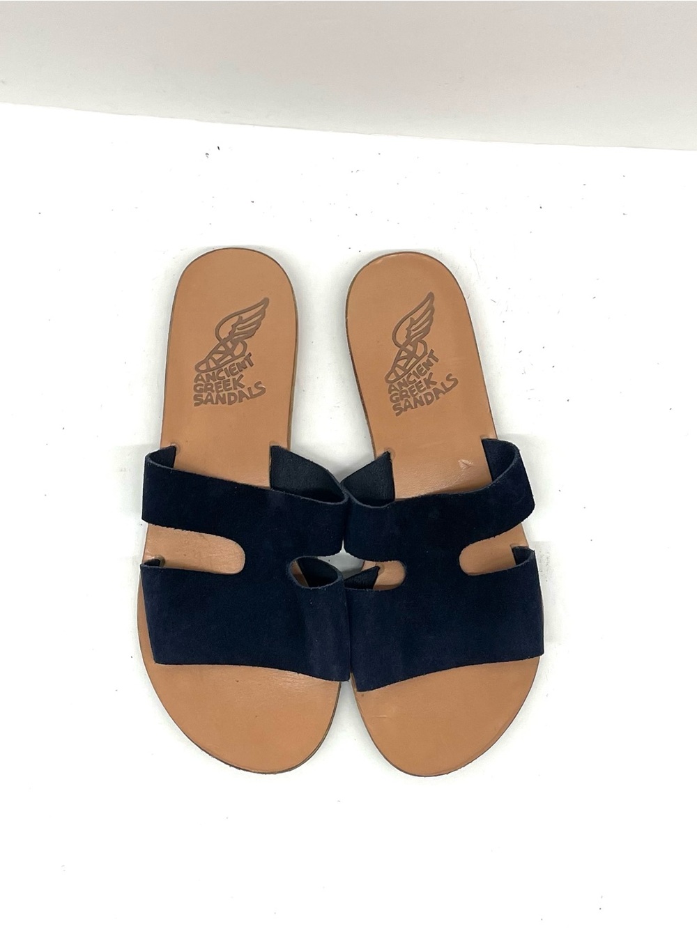 Ancient Greek Sandals Navy Suede Double-Strap Slide Sandals Sz 8